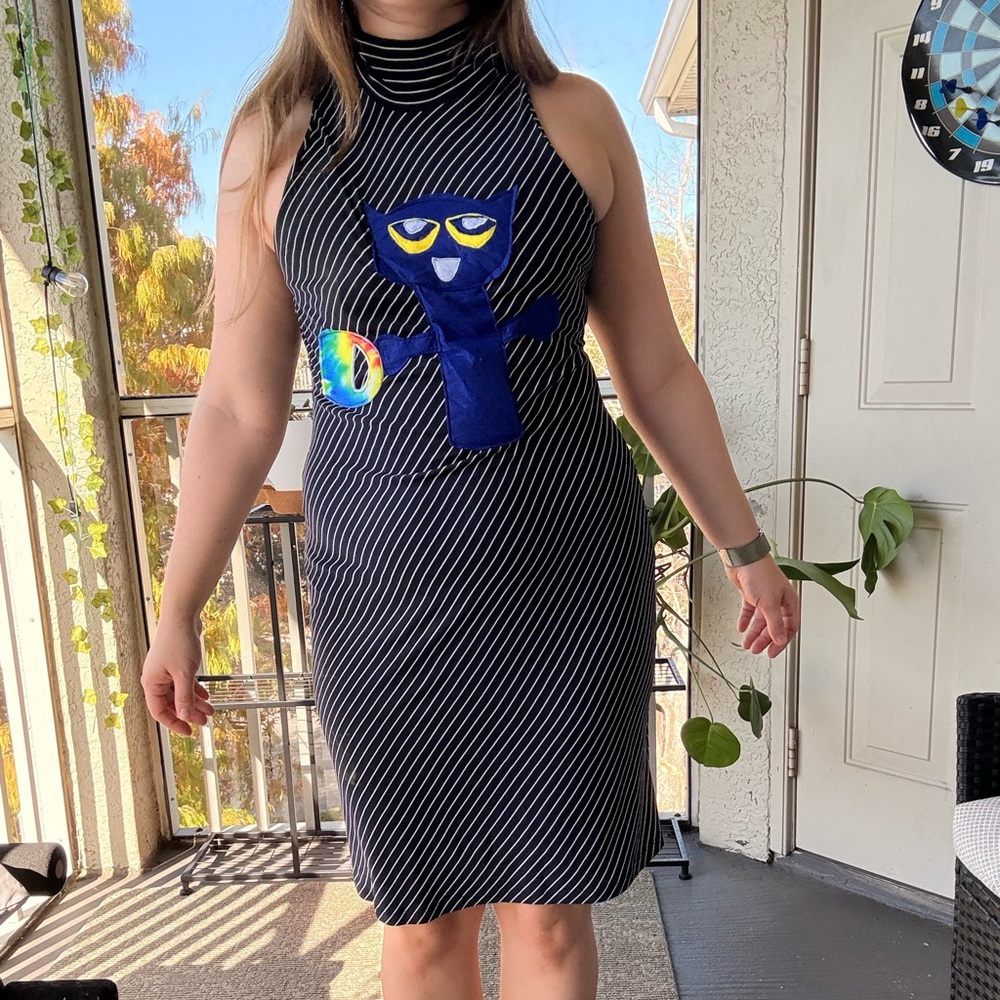 Upcycled Stripped Navy Blue Dress with Cat Holding a Coffee Design